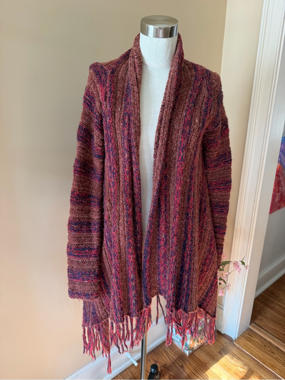 Forever 21 Multicolor Open-Front Fringe Cardigan - Berry Mix